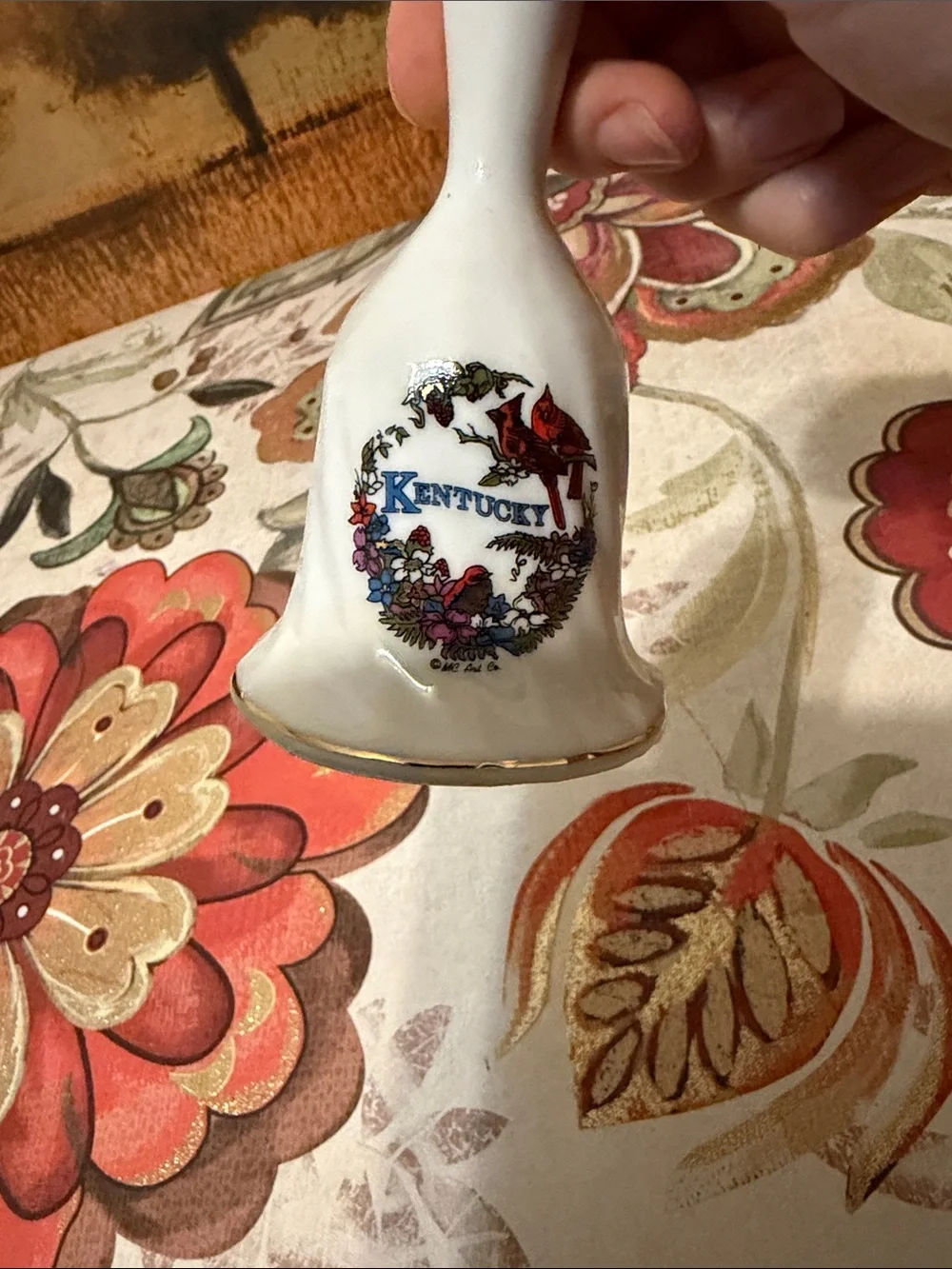 White Kentucky Floral Souvenir Bell with Gold Accent